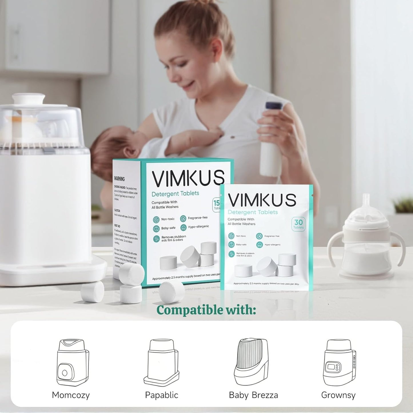 150Pcs Plant-Based Detergent Tablets for Bottle Washer – Baby-Safe, Residue-Free Cleaning for Baby Brezza,GROWNSY,Momcozy and Papablic Bottle Washer