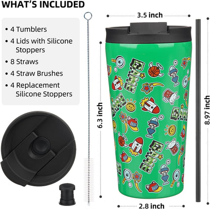 BJPKPK 4 Pack Tumbler with Lid and Straw,30oz Insulated Tumblers Bulk Reusable Travel Coffee Mug, Dishwasher Safe Double Wall Vacuum Insulated Cup Gift for Men Women,Light Blue Leopard
