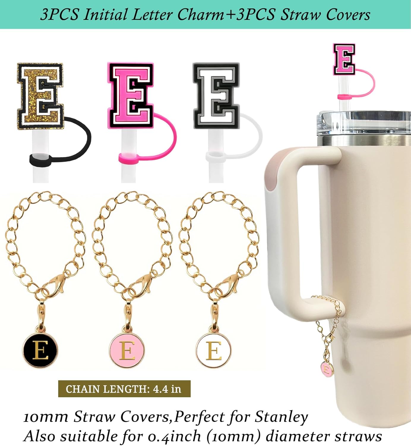 （3 +3) 3PCS Nuozme Straw Cover 10mm For Stanley Tumbler Cup Reusable Straw Cap Topper with 3 Initial Letter Charms Accessories Name ID Personalized Handle Charm For Stanley 30&40 Oz Cup Tumbler - Colors A