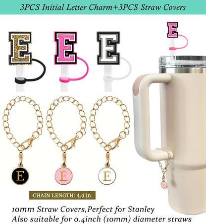 （3 +3) 3PCS Nuozme Straw Cover 10mm For Stanley Tumbler Cup Reusable Straw Cap Topper with 3 Initial Letter Charms Accessories Name ID Personalized Handle Charm For Stanley 30&40 Oz Cup Tumbler - Colors A