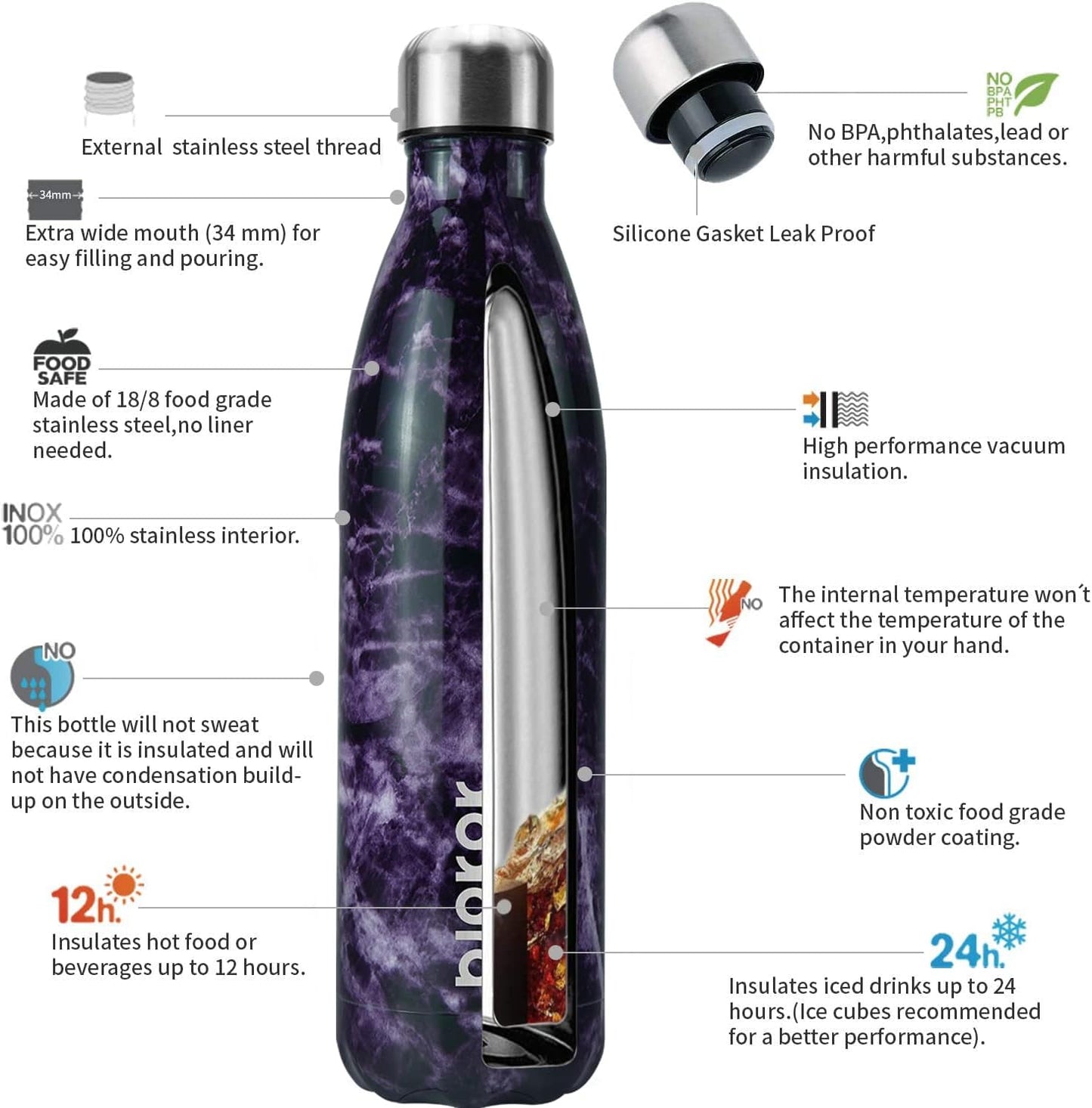 BJPKPK Insulated Water Bottle 12oz Small Stainless Steel Water Bottles Reusable Metal Thermal Keep Cold and Hot,Dreamy Purple - Colors B