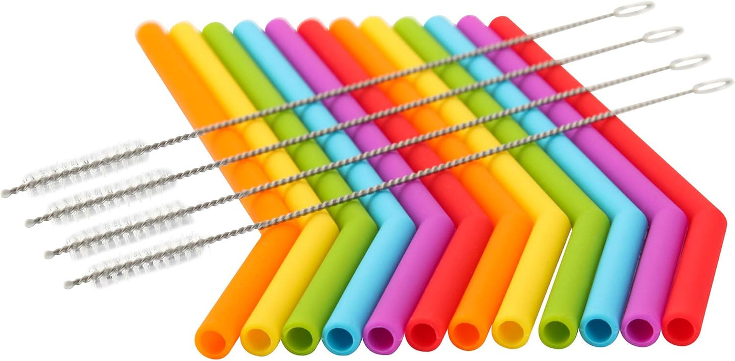 Reusable Silicone Straws for Toddlers & Kids - 12 pcs Flexible Short Drink 6.6" Straws for 6-10 oz Yeti/Rtic/Ozark Tumblers & 4 Cleaning Brushes - BPA free, Eco-friendly,no Rubber Tast