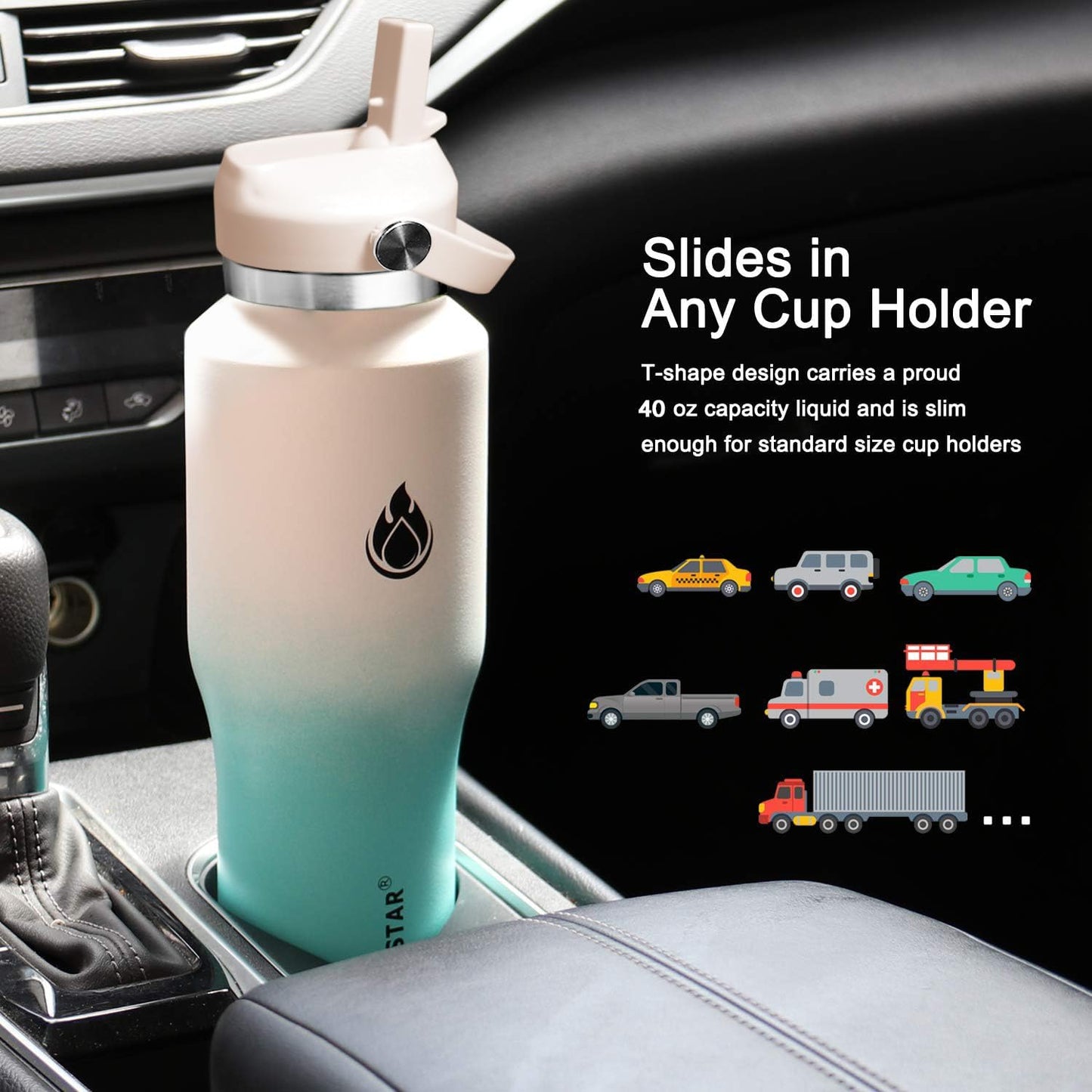 SENDESTAR 40oz Water Bottle Wide Mouth Stainless Steel Vacuum Insulated Double Wall with Straw Lids Fit in Any Car Cup Holder