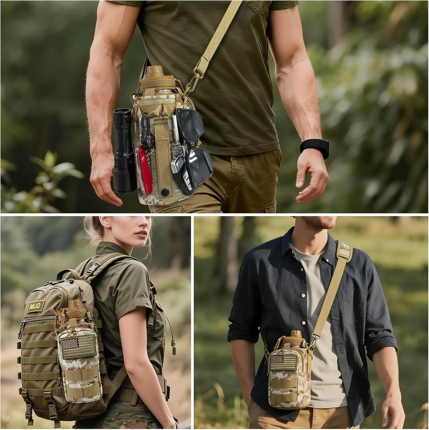 Water Bottle Holder with Strap - Tactical Insulated Water Bottle Sleeve with MOLLE System Water Bottle Cover Cross-Body Pouch for Walking Hiking Camping Gym 32oz&40oz