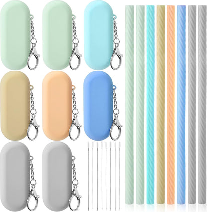 Meanplan 8 Set Cruise Ship Essentials,Silicone Straws with Case Reusable Foldable Portable Drinking Straw for Party Travel Cold or Hot with Carry Case and Cleaning Brushes (Rainbow Colors)