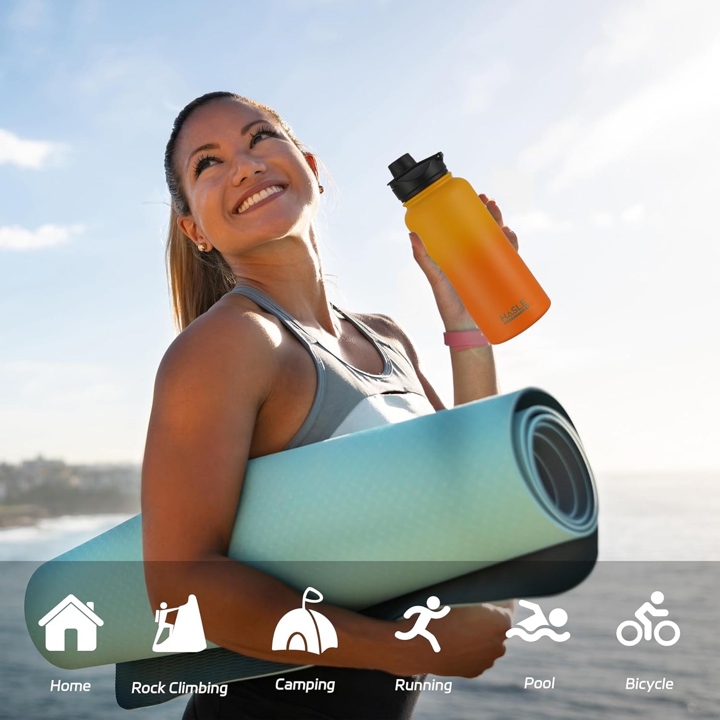 HASLE OUTFITTERS 32 oz Insulated Water Bottle Stainless Steel Double Walled Vacuum Sports Water Bottle with 2 Lids (Straw and Spout Lid) for Gym Camping Hiking(Black,1)