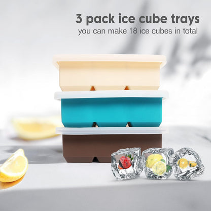 Excnorm Silicone Ice Cube Trays 3 Pack - Large Size Silicone Ice Cube Molds with Leak Proof Removable Lid Square Ice Cube Tray And BPA Free for Cocktail,Whiskey, Stackable Flexible Ice