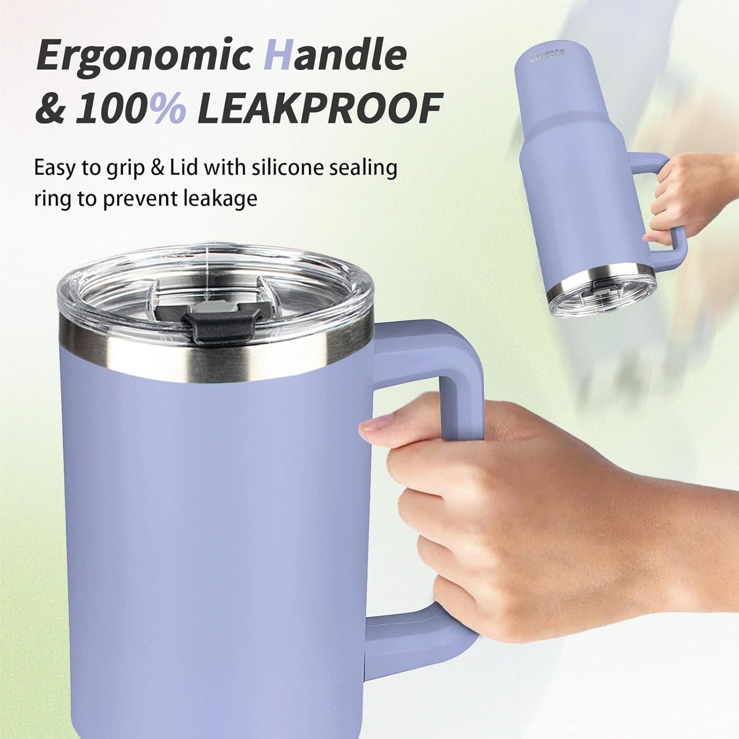 40 oz Tumbler with Handle, Insulated Tumbler with Lid and Straw, Reusable Stainless Steel Vacuum Insulated Cup, 100% Leak Proof Thermal Travel Coffee Mug Cup for Cold and Hot (Light Purple)