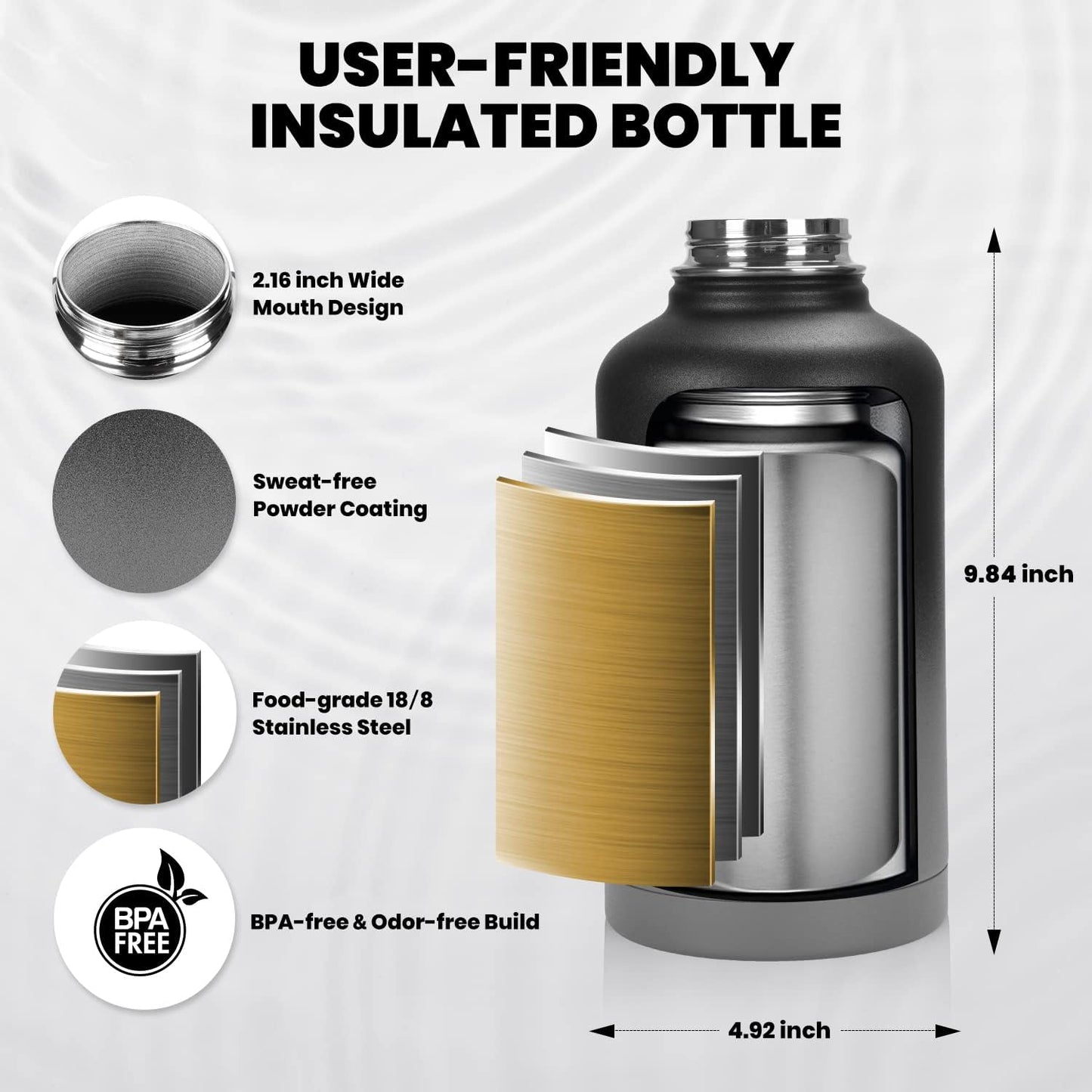 RAYMYLO One Gallon Water Bottle Insulated, Triple Walled Vacuum Stainless Steel (Cold for 48 Hrs), Leak Proof & Non-BPA, Large Water Flask Jug with Paracord Handle & Straw Spout Lids