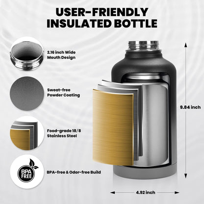 RAYMYLO One Gallon Water Bottle Insulated, Triple Walled Vacuum Stainless Steel (Cold for 48 Hrs), Leak Proof & Non-BPA, Large Water Flask Jug with Paracord Handle & Straw Spout Lids