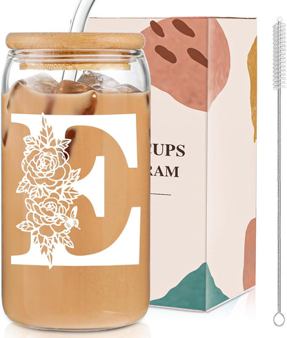 Glass Cups with Lids and Straws: Personalized Initial Glass Cup Be Used As Reusable Iced Coffee Cups with Lids,Cute Matcha Tumbler - The Christmas/Birthday Gifts for Women - M Smoothie Cup