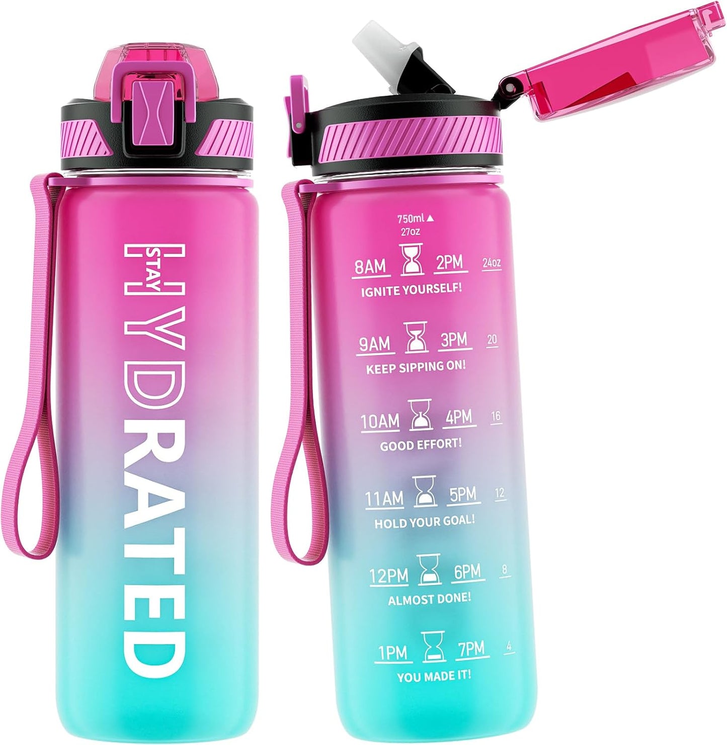 QLUR Water Bottle with Straw, 32oz Motivational Water Bottles with Time Marker to Drink, Tritan BPA Free, 1L Sports Water Bottle with Carry Strap LeakProof for Women Gym Fitness Outdoor (1 Pack)