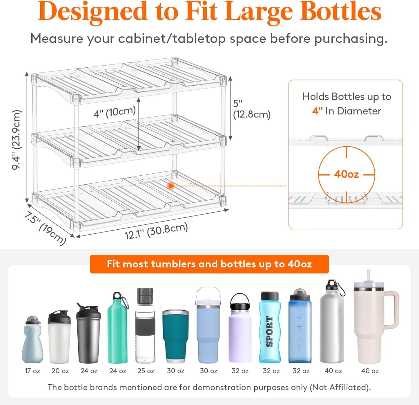 Lifewit Stackable Bottle Storage Organizer, Clear Freestanding Wine Holder for Cabinet, Large Slot Water Bottle Tumbler Cup Organizer for Pantry, Plastic Wine Rack for Fridge Cellar, 3Tier Hold 9