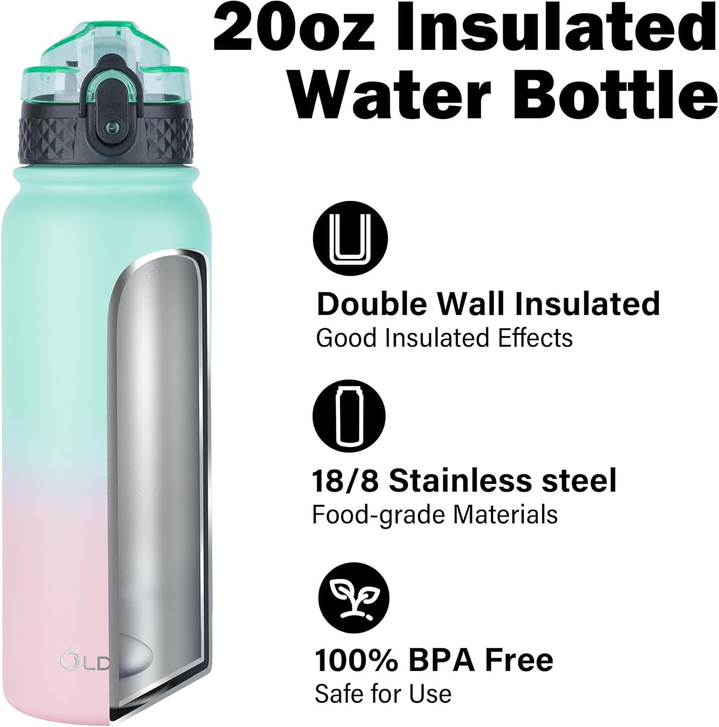Oldley Insulated Water Bottle 20oz for Adults Kids Stainless Steel Water Bottles with Straw/Chug/Carabiner 3 Lids Fruit Strainer Double Wall Vacuum Wide Mouth BPA Free Leak-Proof for School Travel