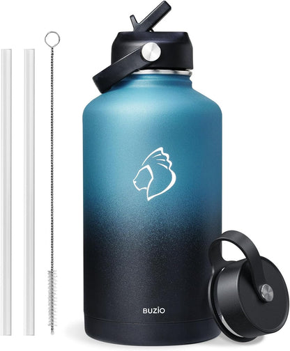 BUZIO 40oz Insulated Water Bottle, Triple Wall Vacuum Stainless Steel Water Flask with 2 lids, Lead-Free BPA-Free Straw Lid Sports Canteen Jug, Cold 48H & Hot 24H- Black - Colors B