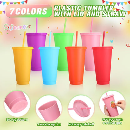 Honeydak 15 Pack Tumbler with Straw and Lid Bulk Cups for Gifts Water Bottle Iced Coffee Travel Mug Cup Reusable Plastic Tumblers for Party Birthdays 24-27 oz (Solid Color)