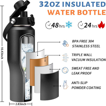 Insulated Water Bottle 40 oz - Fits in any Car Cup Holder, Keep Cold 48H Hot 24H, Stainless Steel Waterbottle Double Wall Flask with Straw, Pop-up Spout Lid, Paracord Handle, Carrier Bag