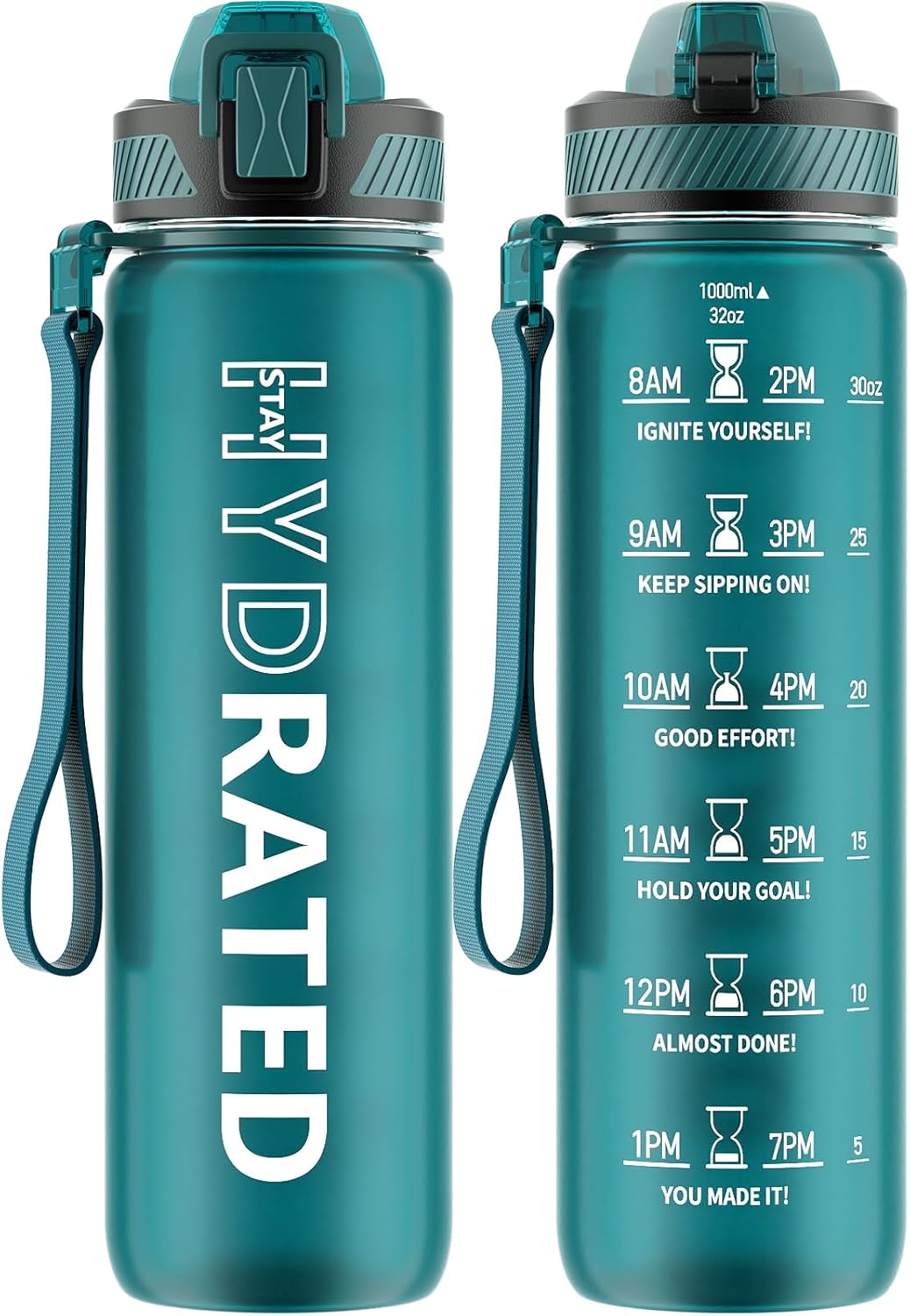 QLUR Water Bottle with Straw, 32oz Motivational Water Bottles with Time Marker to Drink, Tritan BPA Free, 1L Sports Water Bottle with Carry Strap LeakProof for Women Gym Fitness Outdoor (1 Pack)