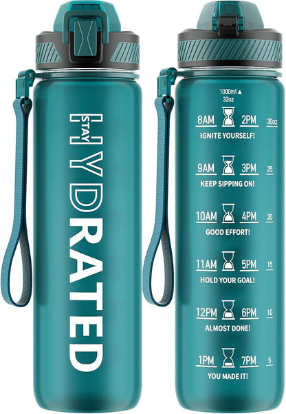 QLUR Water Bottle with Straw, 32oz Motivational Water Bottles with Time Marker to Drink, Tritan BPA Free, 1L Sports Water Bottle with Carry Strap LeakProof for Women Gym Fitness Outdoor (1 Pack)