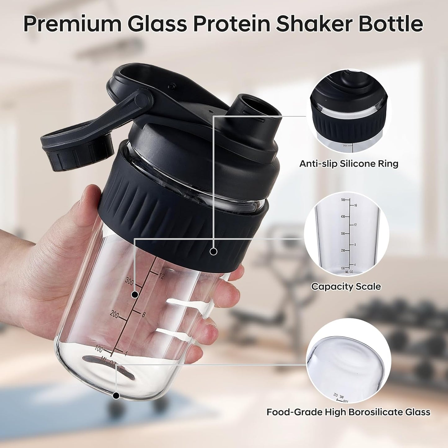 16oz Glass Shaker Bottle for Protein, Small Borosilicate Glass Protein Powder Leak-Proof Shaker Cup Mixes with 304 Blending Ball(16oz,Black)