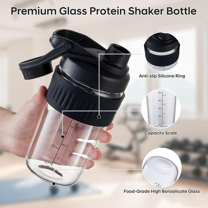 16oz Glass Shaker Bottle for Protein, Small Borosilicate Glass Protein Powder Leak-Proof Shaker Cup Mixes with 304 Blending Ball(16oz,Black)