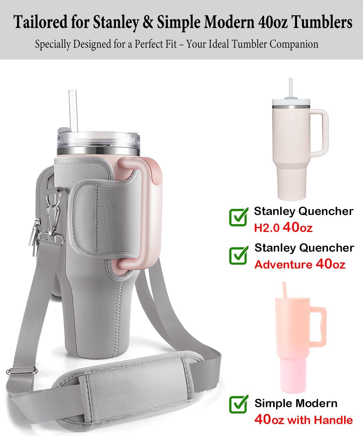 Carrier Bag with Phone Pocket for Stanley 40 oz Tumbler with Handle & Simple Modern 40oz Tumbler - Water Bottle Sling Sleeve Holder for Stanley Cup Accessories with Adjustable Shoulder & Hand Strap