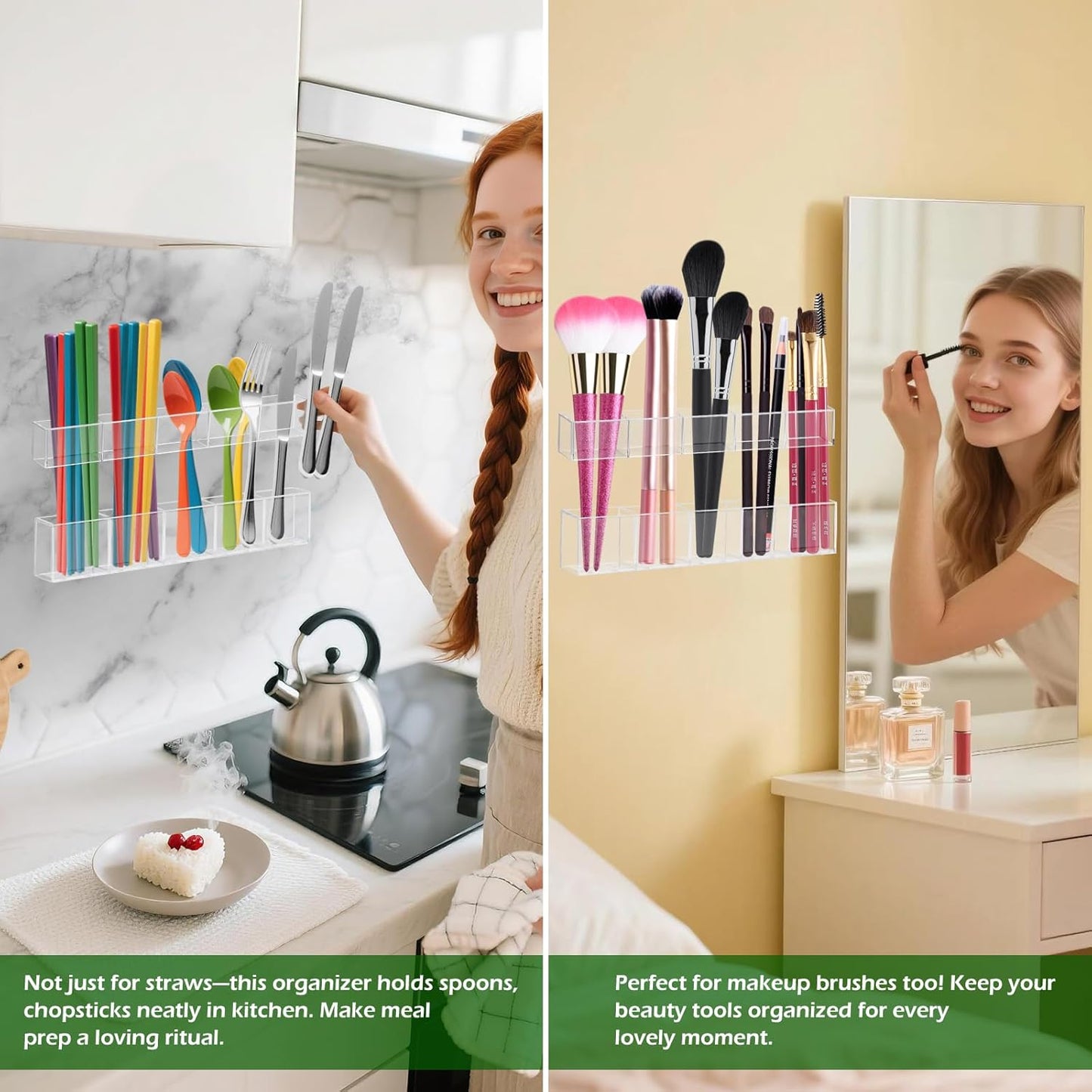 9.5” Large Acrylic Straw Holder for Cabinet Door - Ultra Sticky Adhesive Squares, Reusable Adjustable Organizer for Straws, Fits Kitchen Counter, Cupboard, Storage Dispenser（Transparent） (1 PACK)