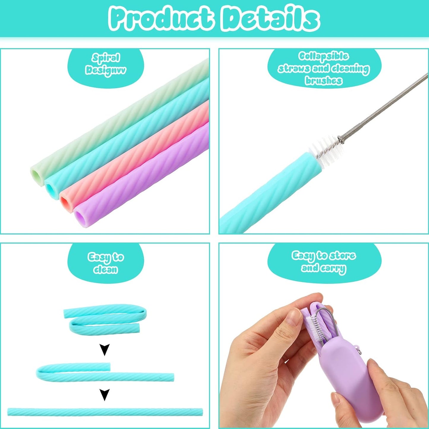 Meanplan 4 Sets Cruise Ship Essentials,4 Set Silicone Straws with Case Reusable Silicone Portable Drinking Straw Set for Party Travel Cold or Hot with 4 Carry Case, 4 Cleaning Brushes (Classic Color)