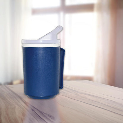 Rehabilitation Advantage Insulated Blue Mug 2-Pack – 12 oz Adaptive Mugs with Easy-Grip Handles, Spill-Resistant Snorkel Lids, Durable Lightweight Plastic for Hot/Cold Drinks & Limited Hand Strength