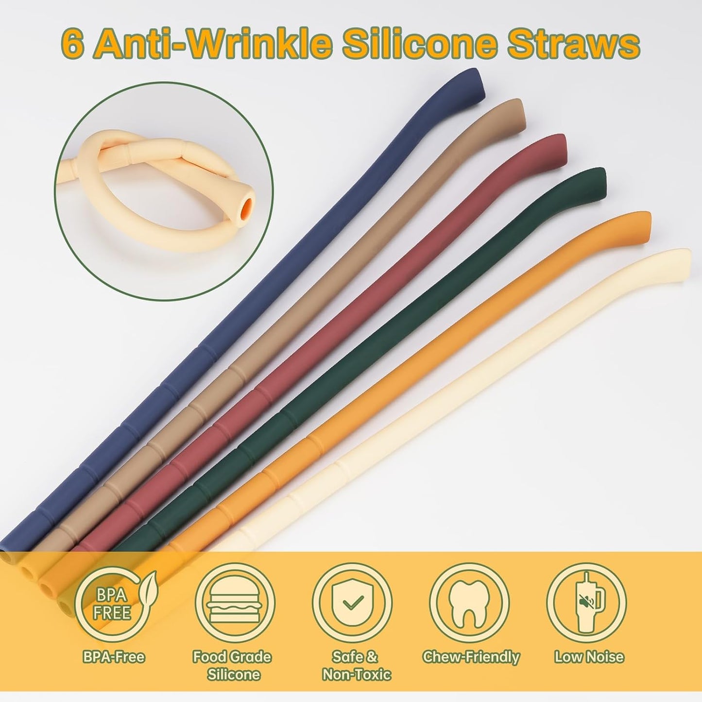 NiHome 6PCS Silicone Anti-Wrinkle Straws Fit for 40oz 30oz Stanley Tumblers w/Brushes, Customizable Length Wrinkle Free Straws for Various Size Cups, No Wrinkle Reusable Straws for Lip (Macaron)