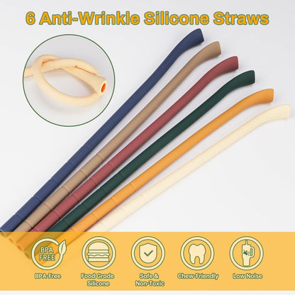 NiHome 6PCS Silicone Anti-Wrinkle Straws Fit for 40oz 30oz Stanley Tumblers w/Brushes, Customizable Length Wrinkle Free Straws for Various Size Cups, No Wrinkle Reusable Straws for Lip (Macaron)