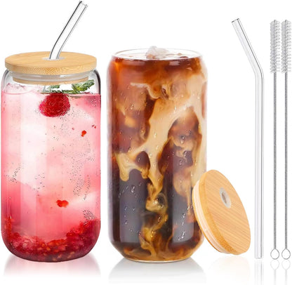 Glass Cups with Lids and Straws 1Pack,Glass Coffee Cups,Glass Cup with Lid for Iced Coffee,Smoothie,Cocktail,Beer,Whiskey,Soda,Matcha,16 Oz Glass Cup with Bamboo Lid,1 Brush