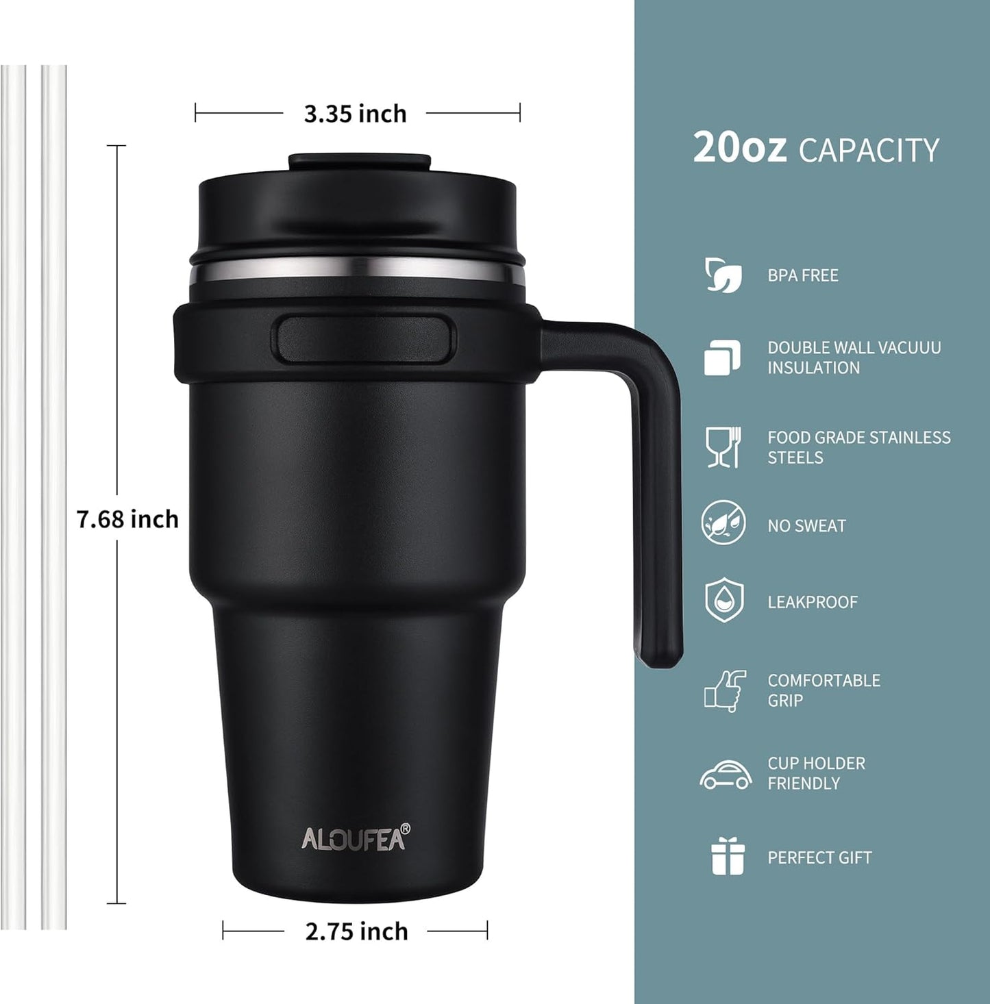 20 oz Insulated Coffee Mug Tumbler with Handle, Stainless Steel Travel Mug Tumbler with Lid and Straw,Double Wall Vacuum Leak Proof Ice Coffee Thermal Cup, Black