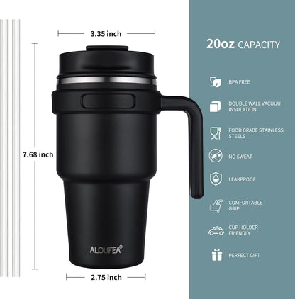 20 oz Insulated Coffee Mug Tumbler with Handle, Stainless Steel Travel Mug Tumbler with Lid and Straw,Double Wall Vacuum Leak Proof Ice Coffee Thermal Cup, Black