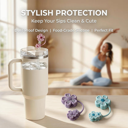 BTYHAOS Silicone Straw Caps for 10mm Tumblers | Reusable Dust-Proof Straw Toppers Compatible with Stanley 30oz & 40oz Tumblers (Purple Flower 3pc)