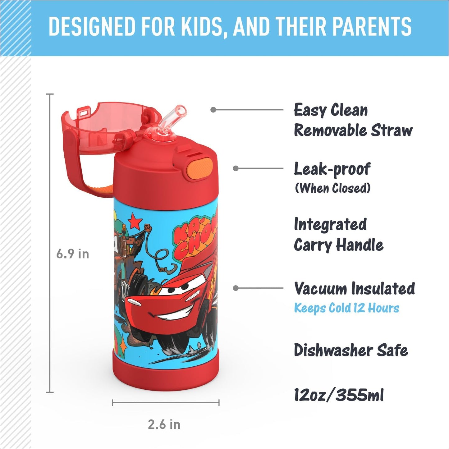 THERMOS FUNTAINER Water Bottle with Straw - 12 Ounce - Kids Stainless Steel Vacuum Insulated Water Bottle with Lid, Bluey - Colors A