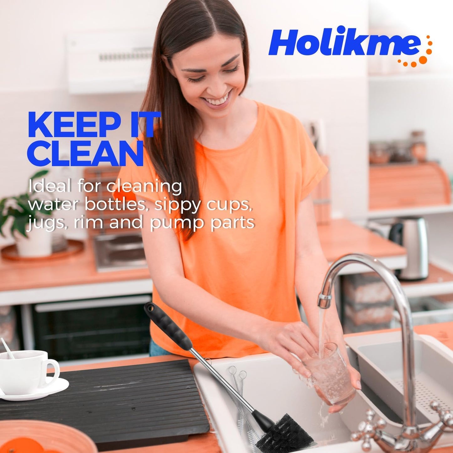 Holikme Bottle Brush Cleaner Set, 14" Long Handle Stainless Steel Bottle Cleaner Brush, 3 Straw Cleaner Brush, Bottle Cleaning Brush for Water Bottle, Cups, Abrasive Wheel Brushes, Straws Black