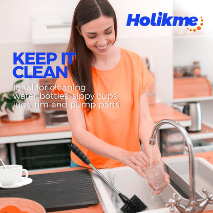 Holikme Bottle Brush Cleaner Set, 14" Long Handle Stainless Steel Bottle Cleaner Brush, 3 Straw Cleaner Brush, Bottle Cleaning Brush for Water Bottle, Cups, Abrasive Wheel Brushes, Straws Black