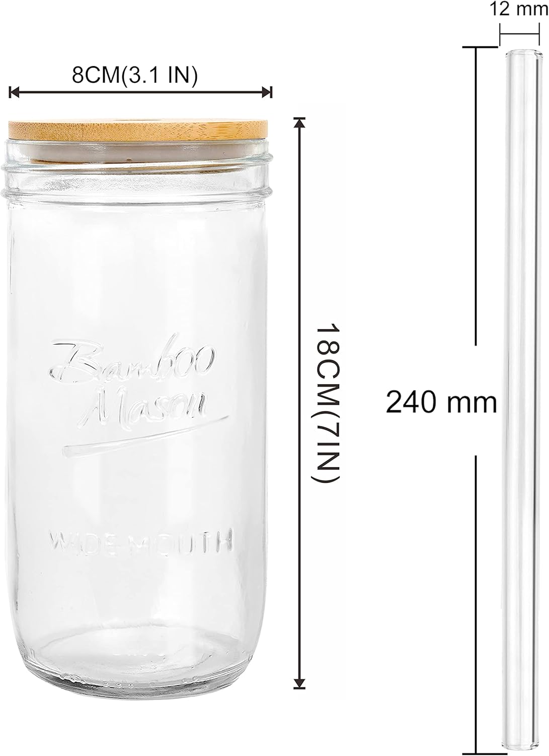 ANOTION Mason Jar Iced Coffee Cup with Lid and Straw, 24oz Regular Mouth Mason Jars with Handle Glass Coffee Drinking Glasses Tumbler Reusable Cups Bottles for Iced Coffee Cups for Travel Office Home