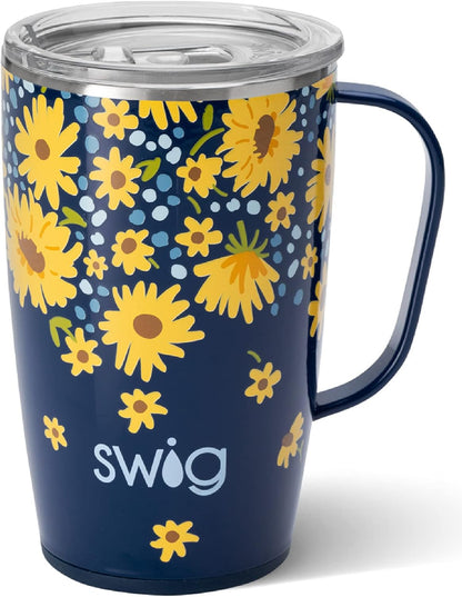 Swig Life 18oz Travel Mug, Insulated Tumbler with Handle and Lid, Cup Holder Friendly, Dishwasher Safe, Stainless Steel, Travel Coffee Cup (Honey Meadow)