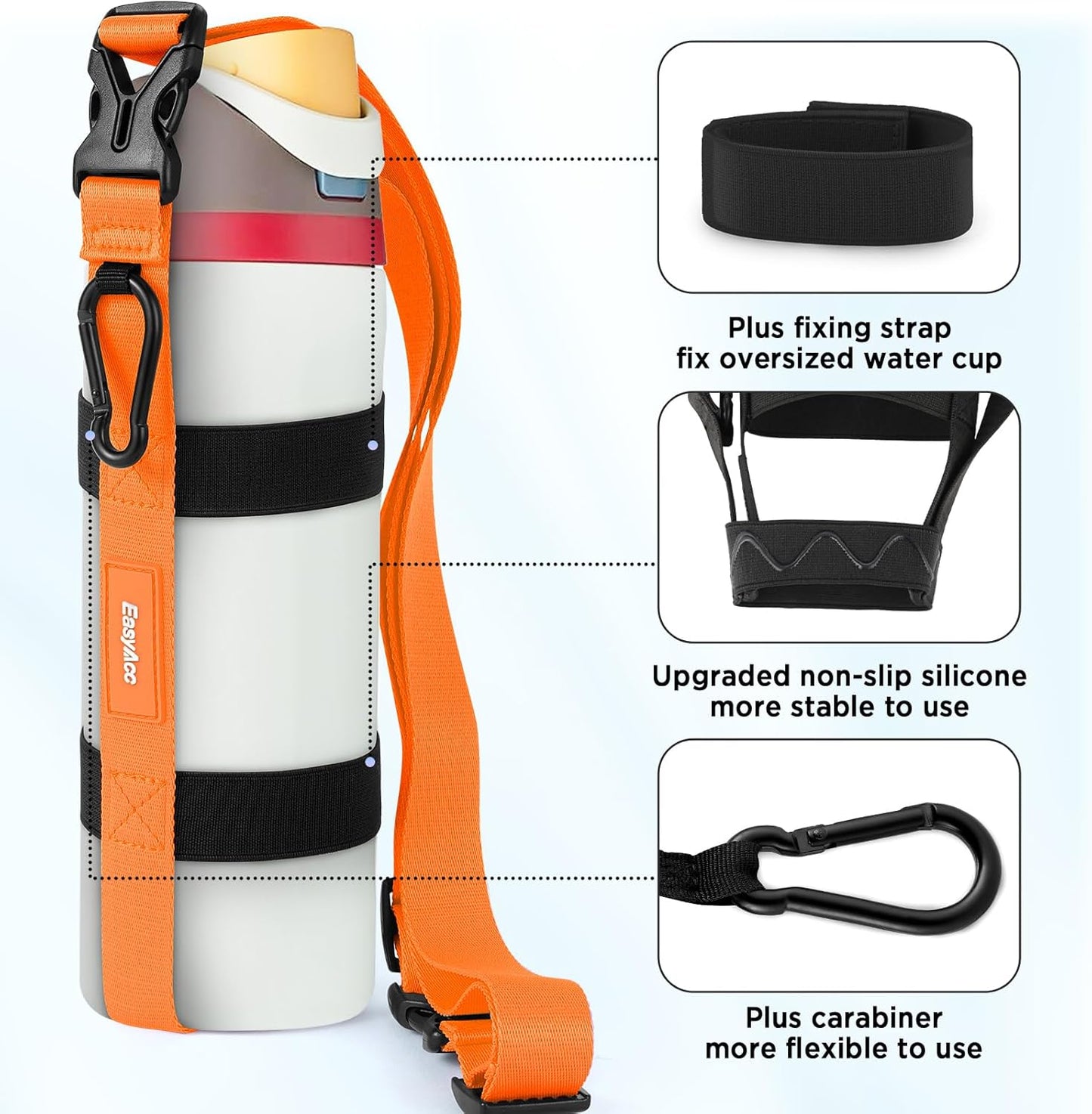 EasyAcc Water Bottle Holder Strap Sling, for Owala FreeSip 24 32 40 oz, Hydro Flask, Cirkul, Yeti, Stanley Flip, Universal Water Bottles, with Carabiner, for Walking Curise Travel (Bottle Excluded)