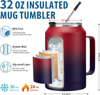 50 oz Insulated Tumbler with Handle and Straw - Stainless Steel Double Wall Coffee Mug, 2-in-1 Lid Metal Water Bottle, 36H Cold 24H Hot Travel Hydro Cup Jug with Silicone Boot