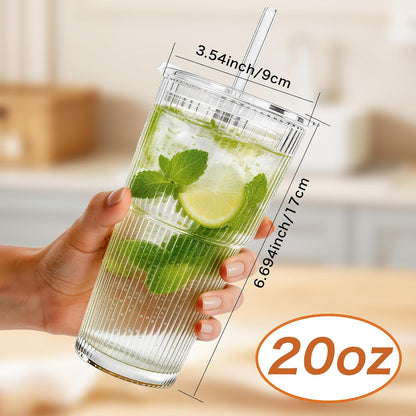 Clear Iced Coffee Cups with Lids - 4 Pack, 20oz Reusable Glass Cups with Lids and Straws, Drinking Tumblers for Cocktail Beer, Juice, Smoothie, Coffee Bar, Housewarming Gifts - Dishwasher Safe