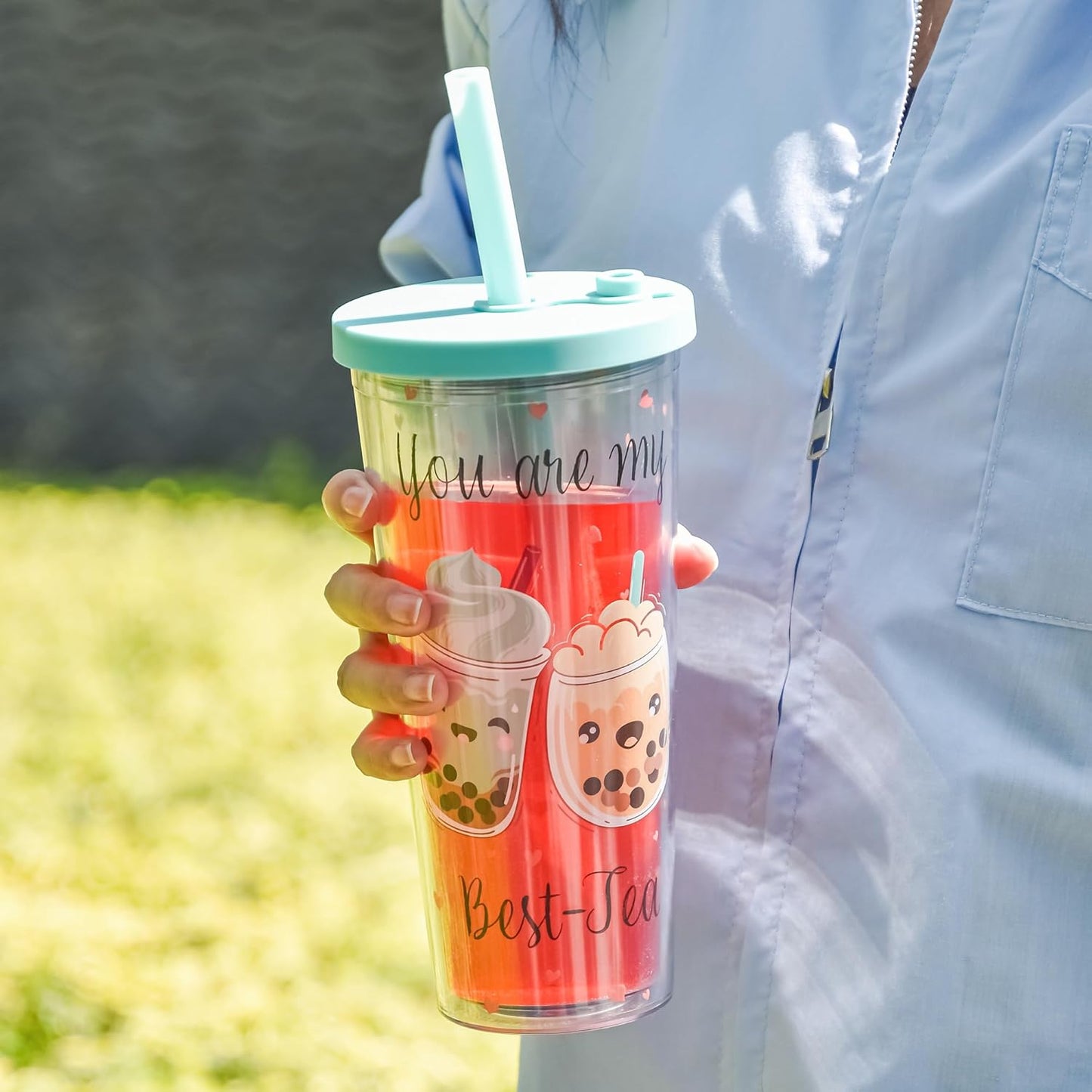 sweet grain Reuasble Boba Cup, 24 oz 100% Leak Proof and Double Wall Insulated Iced Coffee Tumbler with Reusable Plastic Straws and Straw Cleaner(Sky Blue)