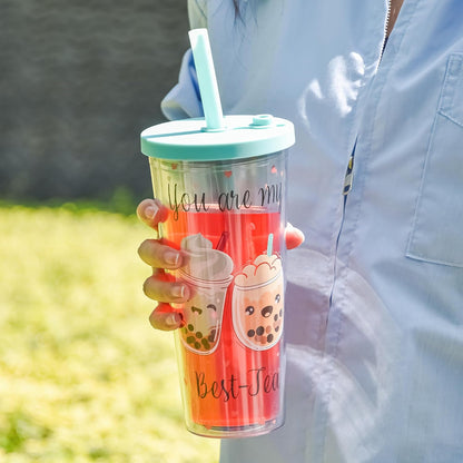 sweet grain Reuasble Boba Cup, 24 oz 100% Leak Proof and Double Wall Insulated Iced Coffee Tumbler with Reusable Plastic Straws and Straw Cleaner(Sky Blue)
