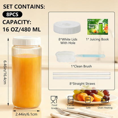 Ruckae 16oz 10 Pack Juice Bottles, Glass Bottles with Lids, Smoothie Cup Lids and Straws, Water Bottle Mason Jar Drinking Glasses for Juicing, Smoothies, Kombucha
