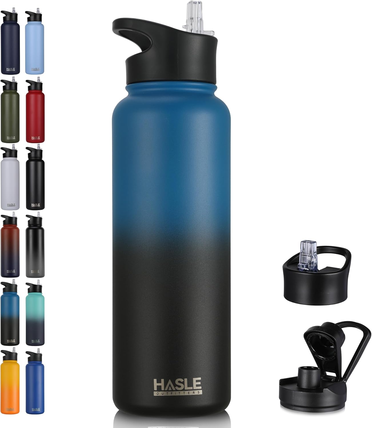 HASLE OUTFITTERS 32 oz Insulated Water Bottle Stainless Steel Double Walled Vacuum Sports Water Bottle with 2 Lids (Straw and Spout Lid) for Gym Camping Hiking(Black,1)