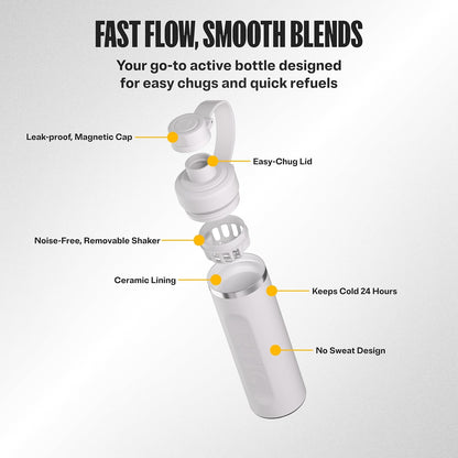 RTIC 24oz Refuel Water Bottle with Workout Protein Shaker, Insulated, Stainless Steel, Metal, Double Wall Vacuum-Insulation, Ceramic Lined, Leak-Proof Chug Lid, Tumbler, Black