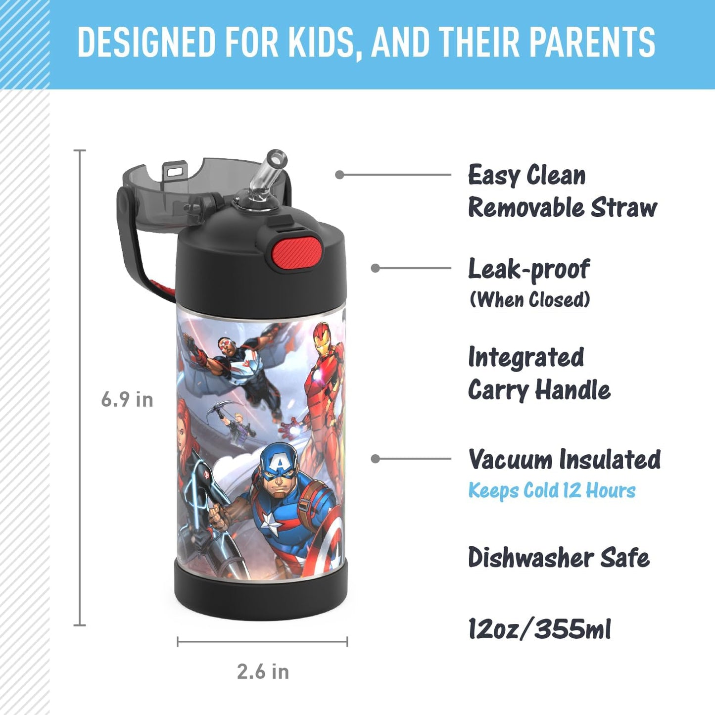 THERMOS FUNTAINER Water Bottle with Straw - 12 Ounce - Kids Stainless Steel Vacuum Insulated Water Bottle with Lid, Bluey - Colors A