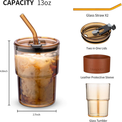 BLUEPOLAR 13oz/400ml Tumbler Water Glass, Cups with Straw and Lid Sealed Carry on for Coffee, Iced Tea, Thick Wall Insulated Glass Cup (Amber)…